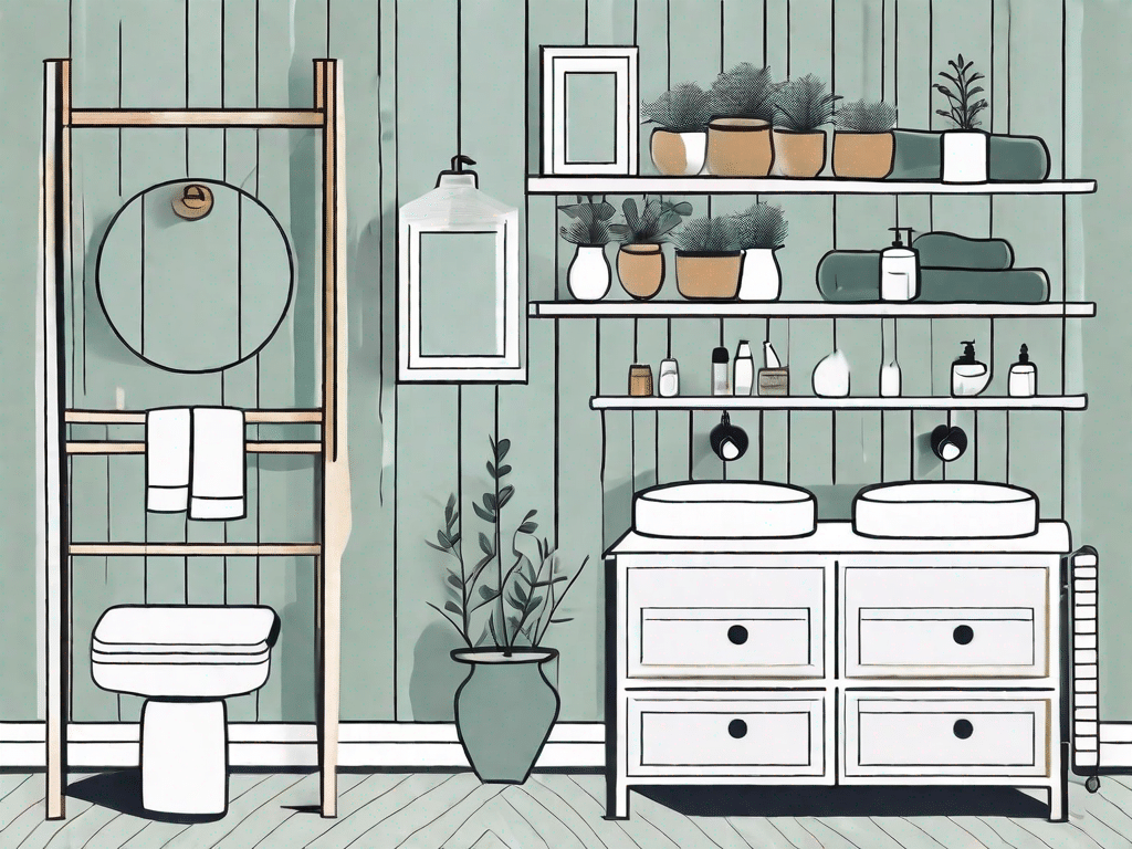 A bathroom featuring three different innovative diy storage solutions such as a hanging basket