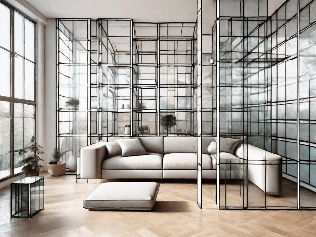 A modern home interior featuring various elements made of glasbausteine (glass blocks) and kunststoffbausteine (plastic blocks)