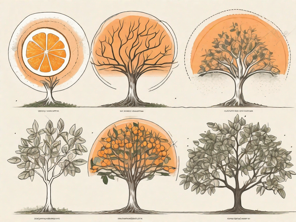 An orange tree at different stages of its life cycle