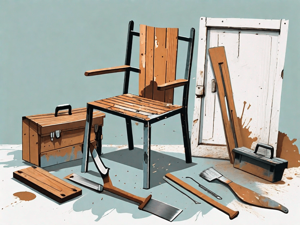 Various wooden and metal items such as a chair