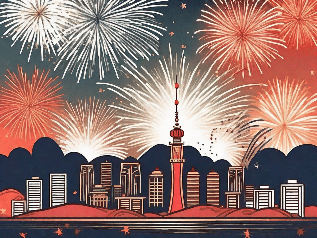 Ancient chinese fireworks in the sky transitioning into modern fireworks over a city skyline