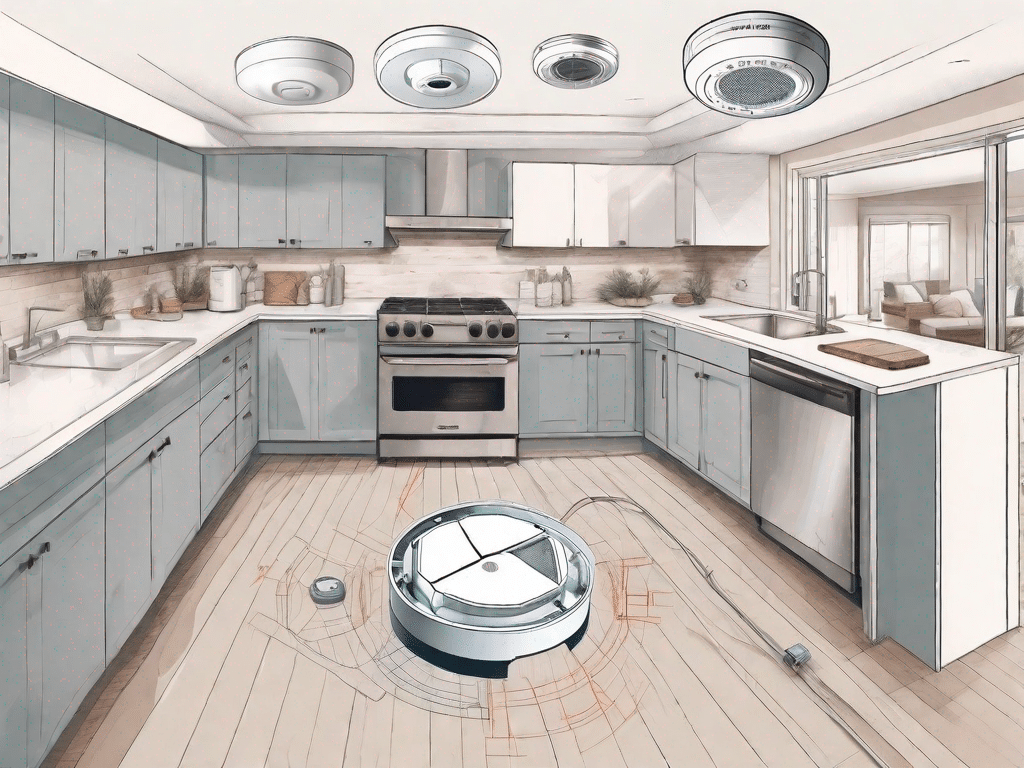 A variety of smoke detectors being installed in different rooms of a detailed cross-section of a house