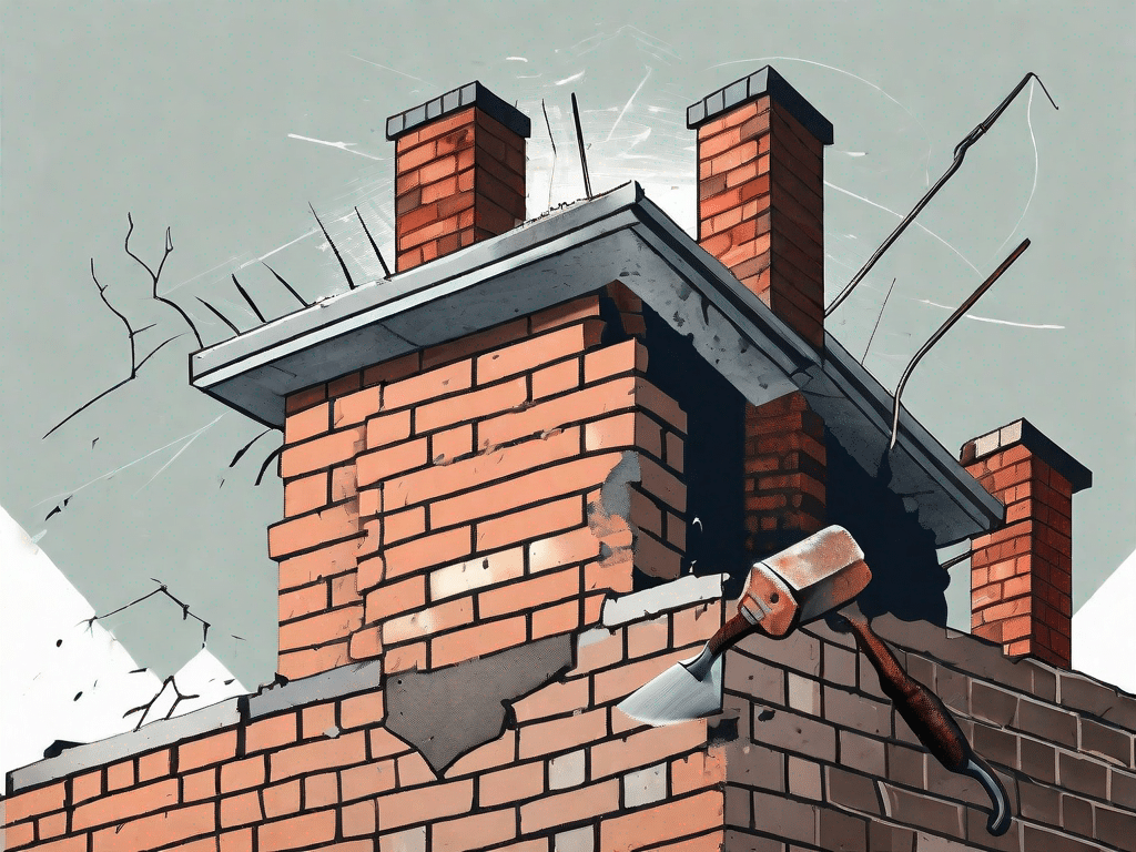 A damaged chimney with visible cracks and wear