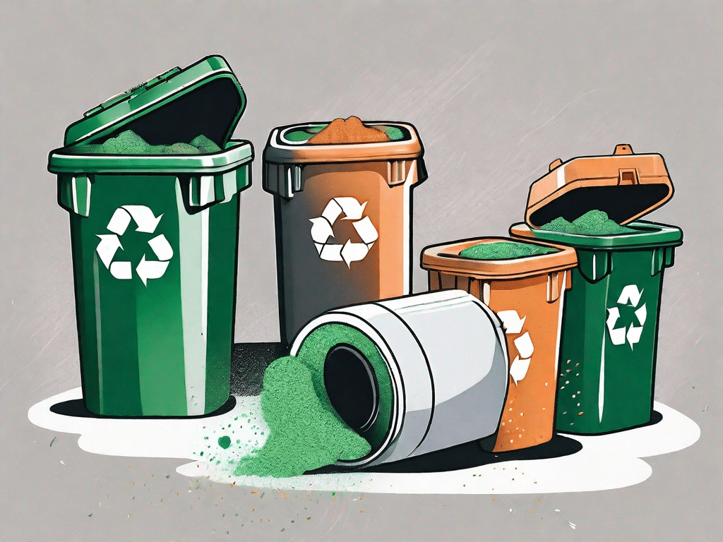 Several pu foam cans being disposed of in different environmentally-friendly ways such as recycling and special waste bins