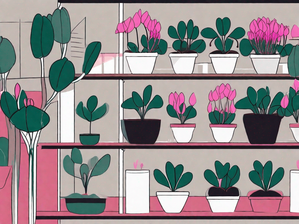 A vibrant alpenveilchen (cyclamen) plant in a room setting