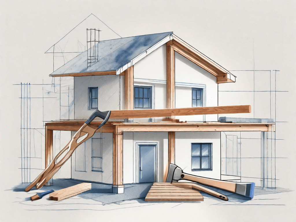 A german-style house under construction with various tools like a hammer