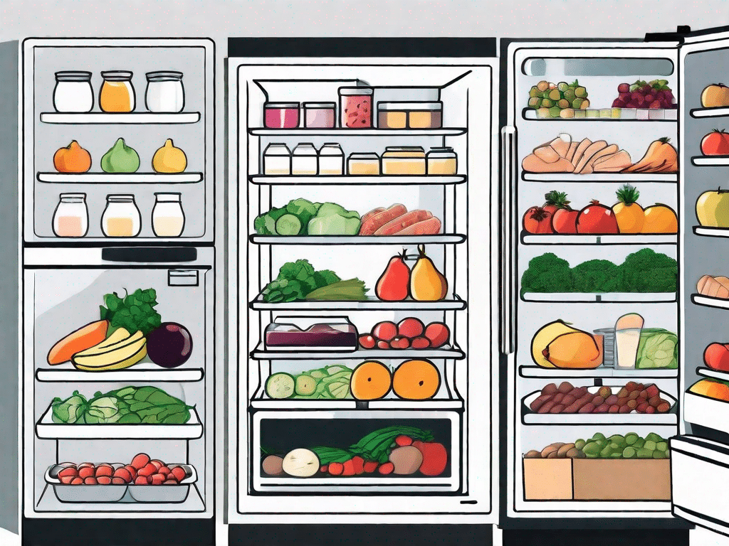 An open refrigerator organized with various food items like fruits