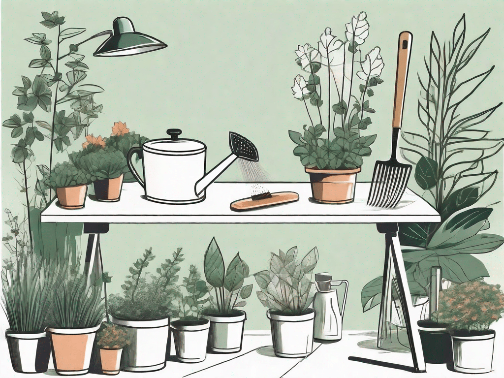 A lush garden with various plants and gardening tools like a watering can
