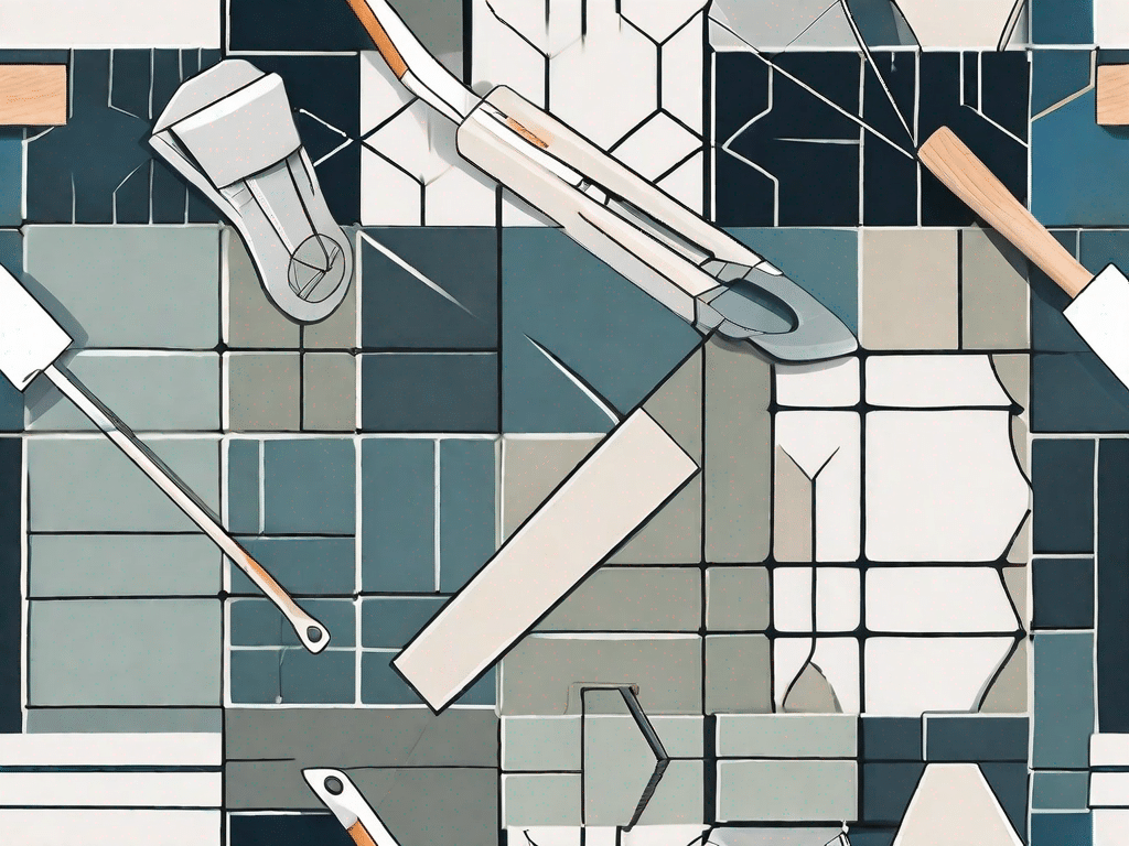 Various types of tile cutting tools alongside a neatly cut ceramic tile