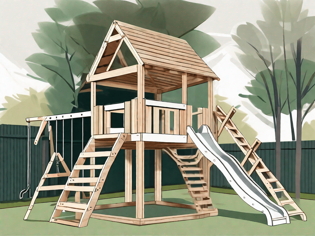 A wooden play tower in the process of being constructed