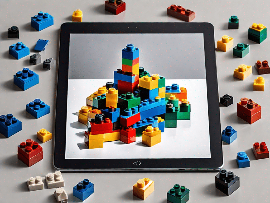 A variety of colorful lego bricks scattered around a digital tablet displaying a pdf icon