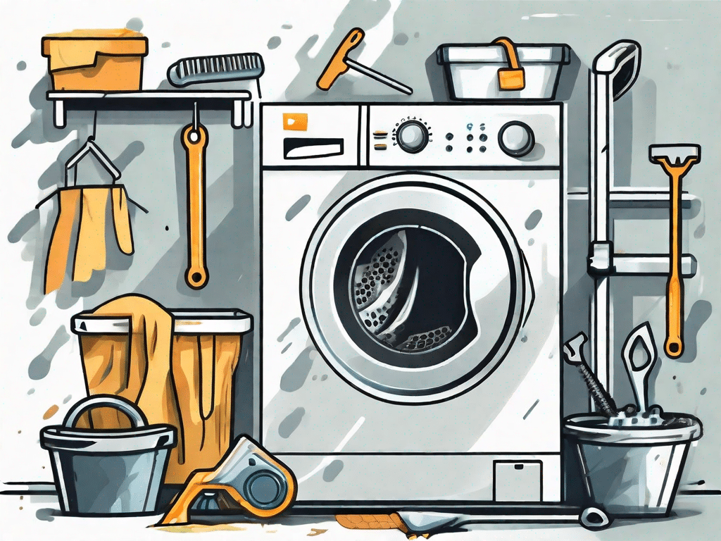 A washing machine with various tools like a wrench and a sponge nearby