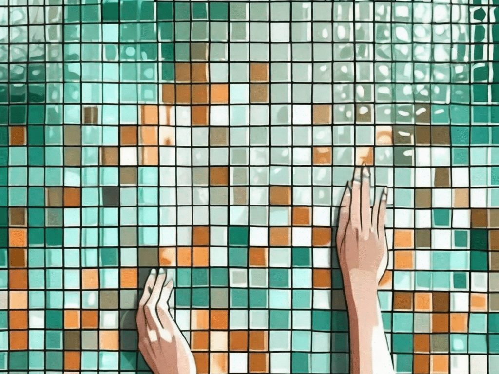A bathroom interior with vibrant glass mosaic tiles being installed on the wall