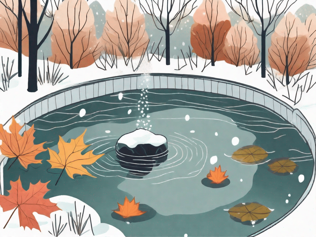 A serene garden pond surrounded by winter foliage