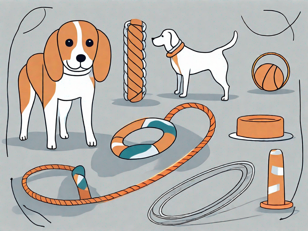Various homemade dog toys and agility training equipment such as a diy tug toy