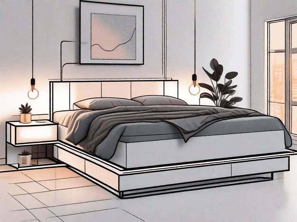 A sleek diy bed frame featuring a built-in nightstand on one side