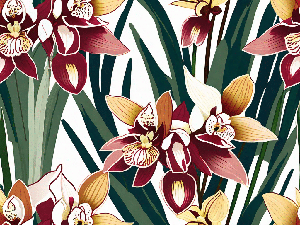 Various popular and flower-abundant varieties of cymbidium orchids in a lush