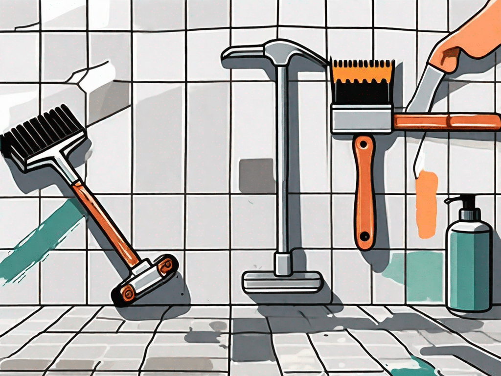 Various bathroom renovation tools like a hammer