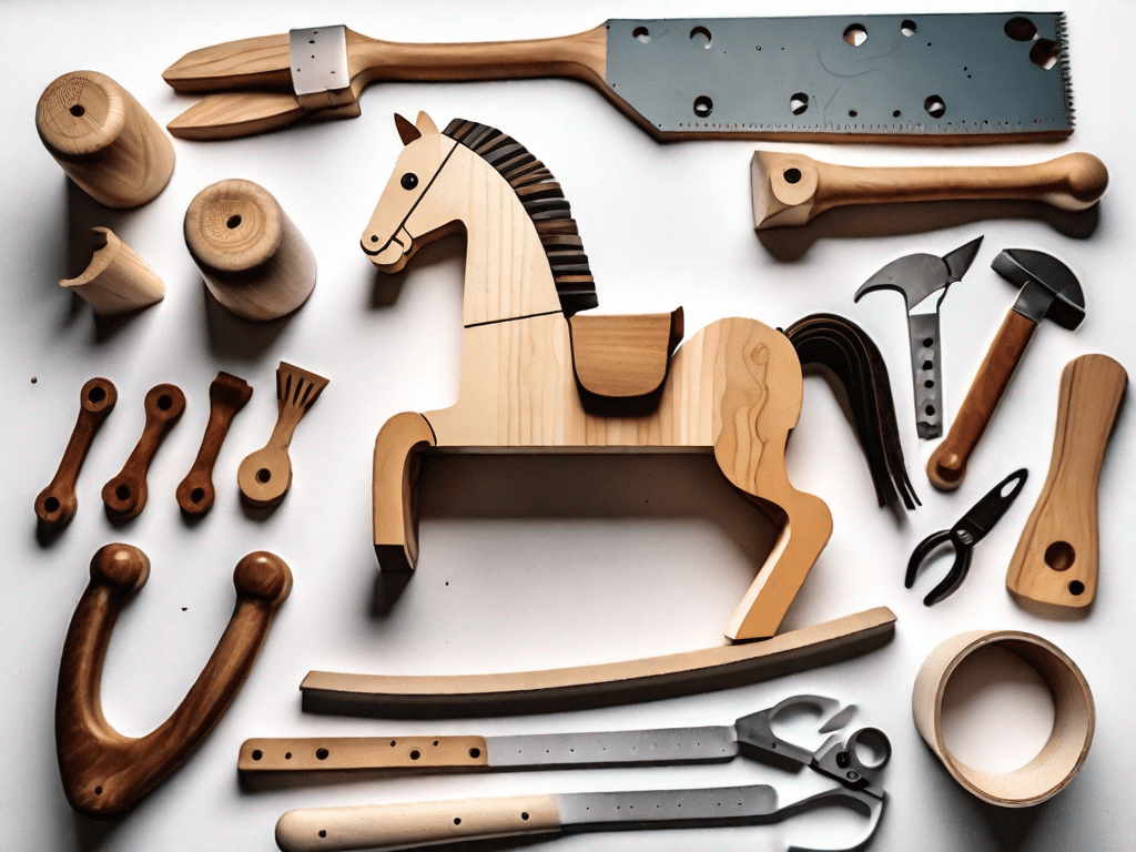 A partially assembled wooden rocking horse