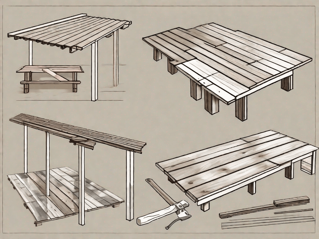 Various stages of constructing a wooden terrace