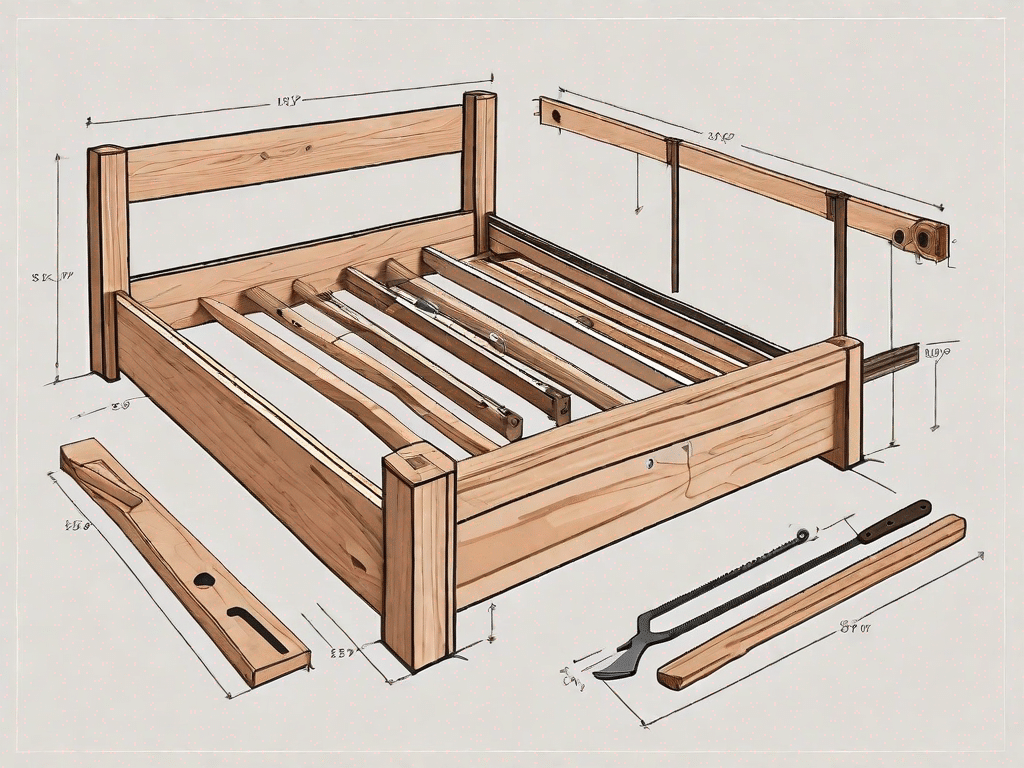 A half-assembled wooden bed frame with various tools like a hammer