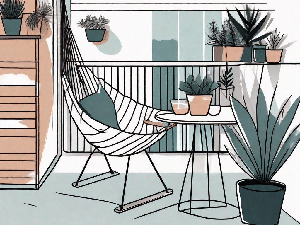 A balcony scene showcasing a variety of diy and affordable furniture options such as a small table