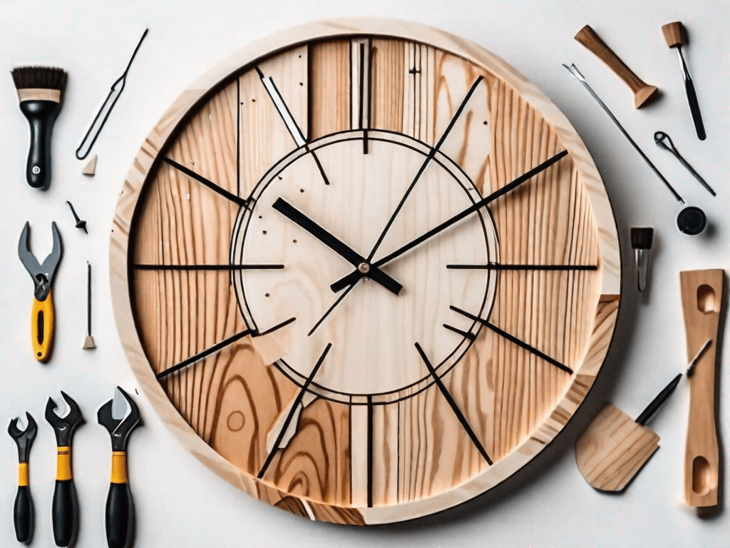 A wooden wall clock in various stages of assembly