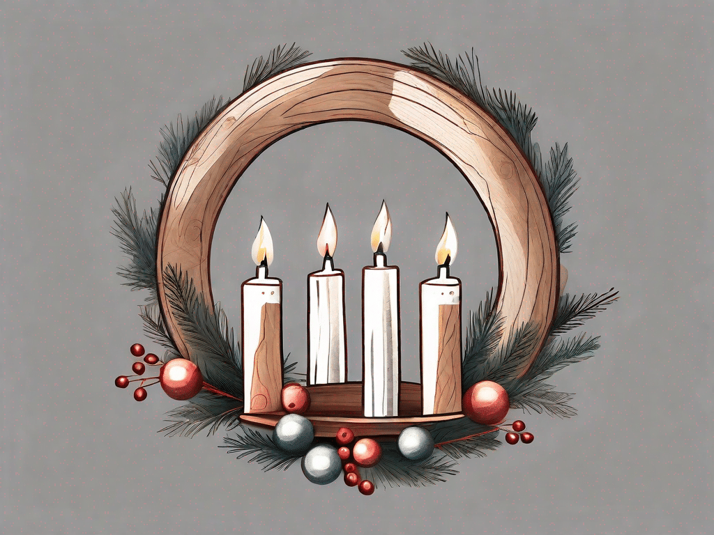 A wooden advent wreath with four candles and festive holiday decorations