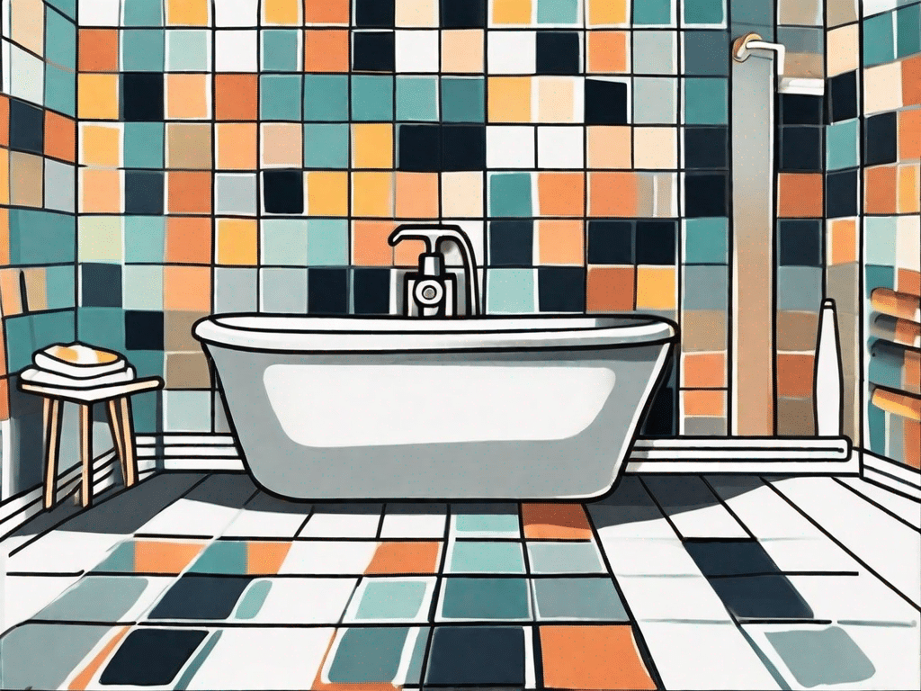 A bathroom featuring a variety of brightly painted tiles in different patterns and colors