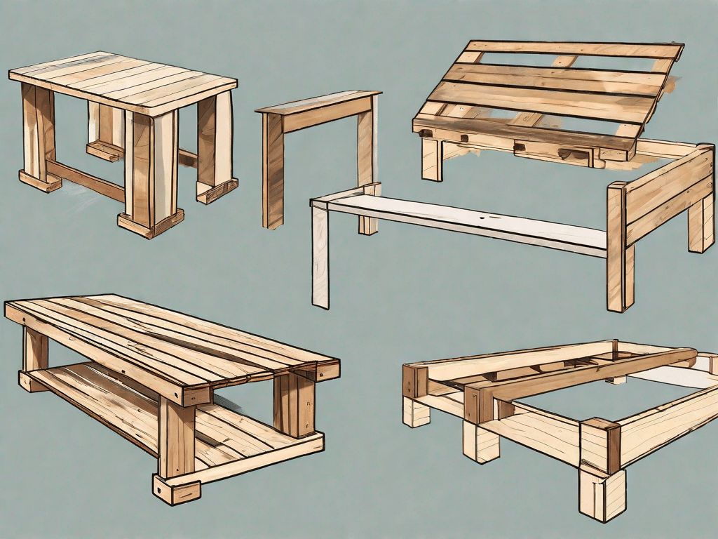Various stages of diy furniture construction using wooden pallets