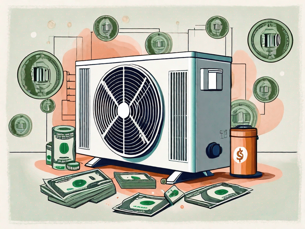 A heat pump with dollar bills floating around it