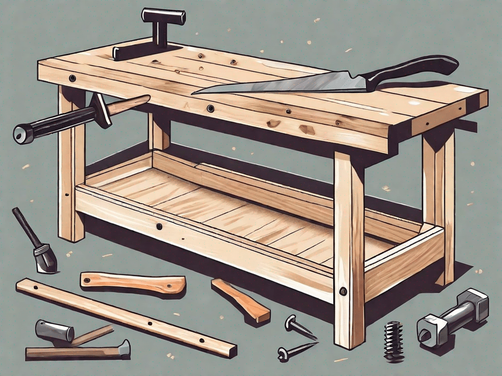 A partially constructed wooden workbench with a hammer