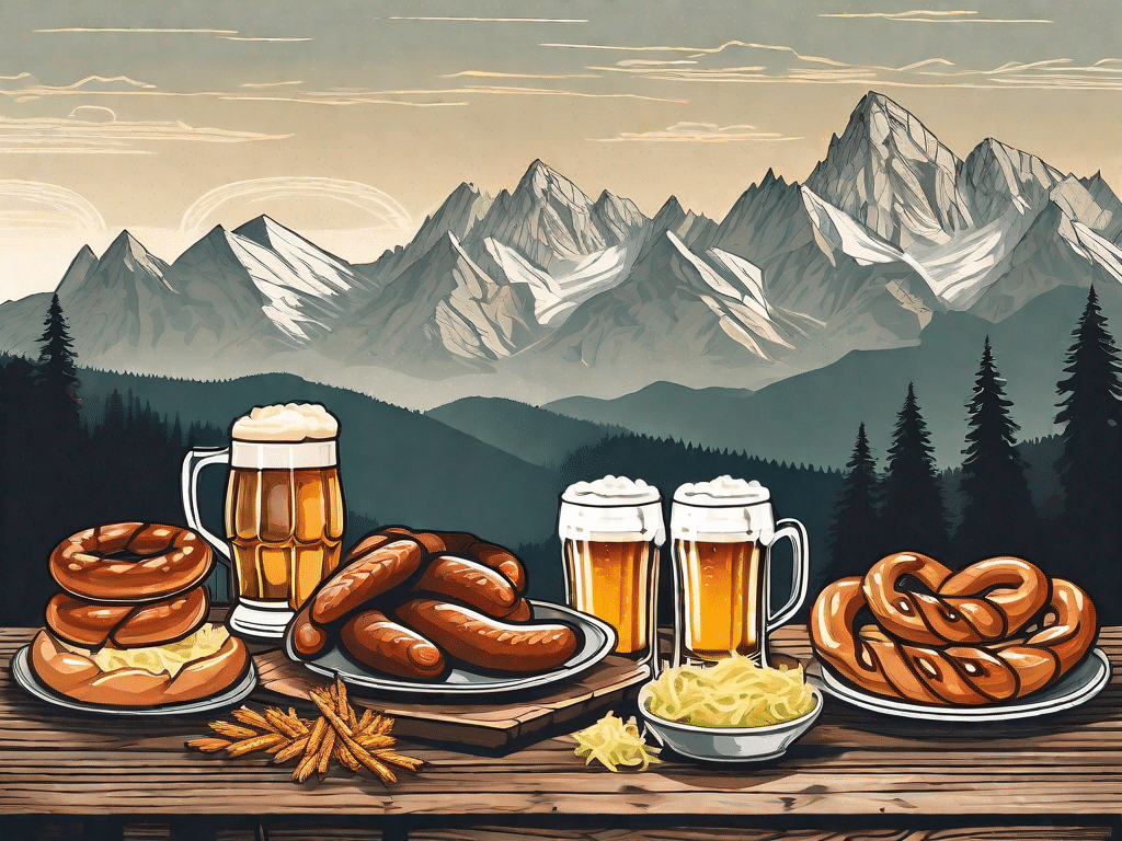 A traditional bavarian feast with various oktoberfest foods such as pretzels