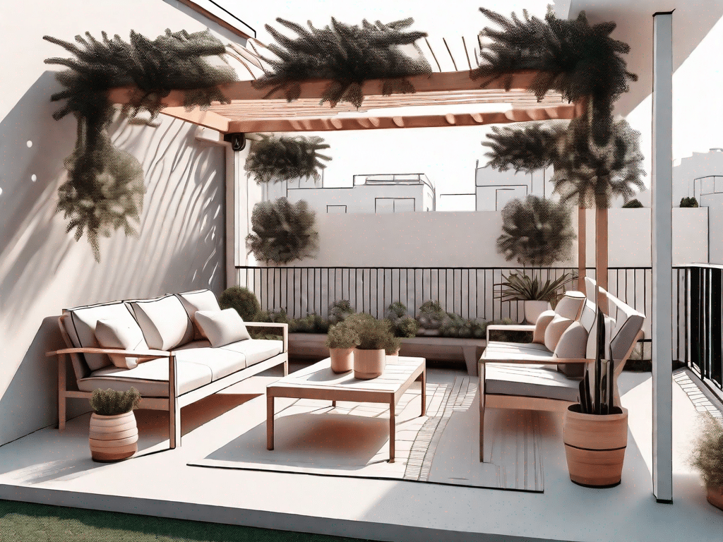 A beautifully transformed terrace featuring elements like potted plants