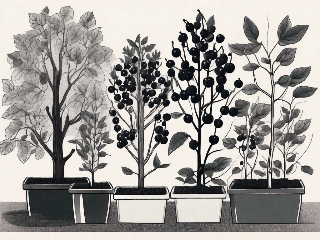 A garden scene featuring schwarze apfelbeeren (aronia) plants at different stages of planting