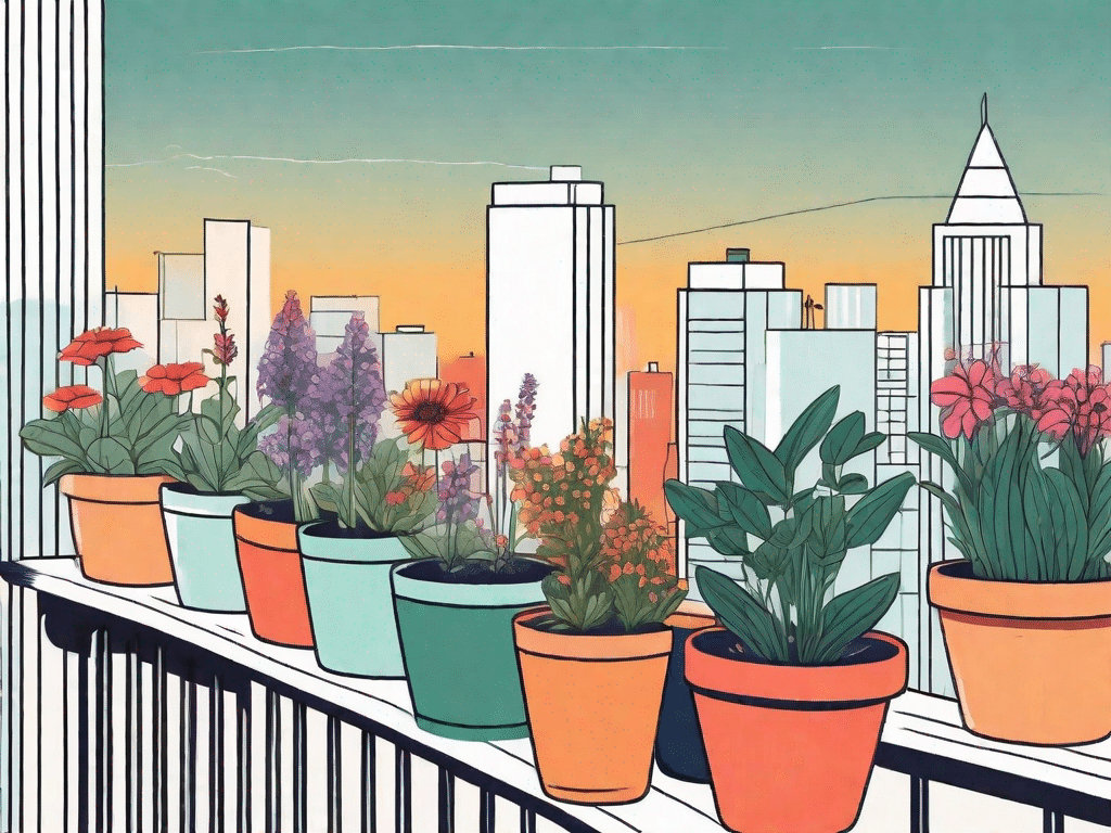 A variety of vibrant perennials in colorful pots arranged aesthetically on a balcony railing