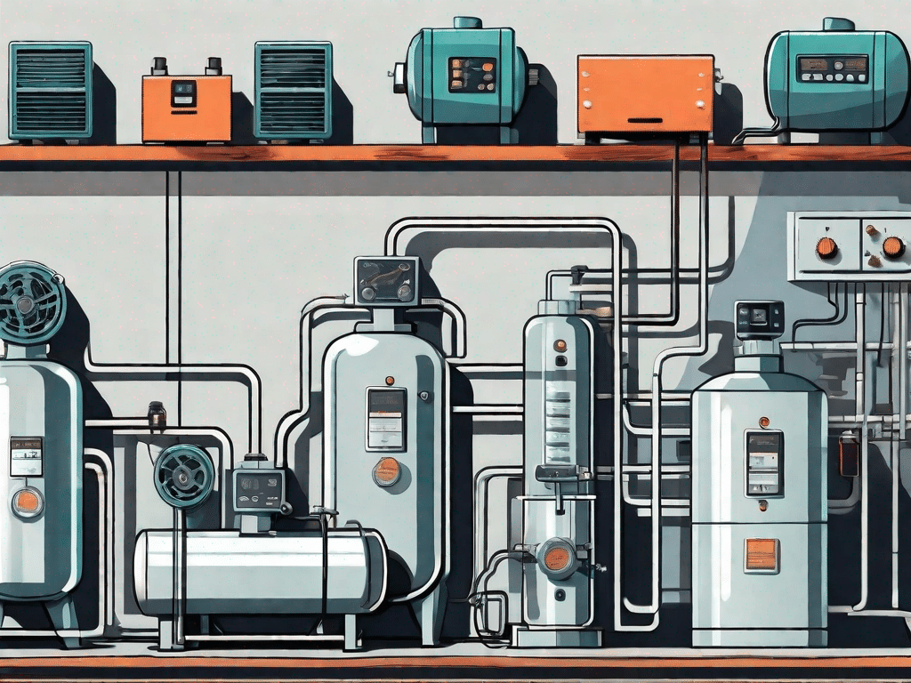 A variety of different types of compressors displayed in a well-organized workshop setting