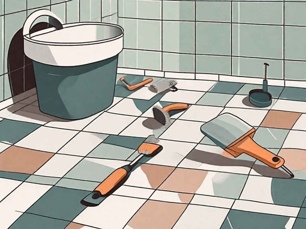 Various bathroom tiles being laid in a pattern on a bathroom floor